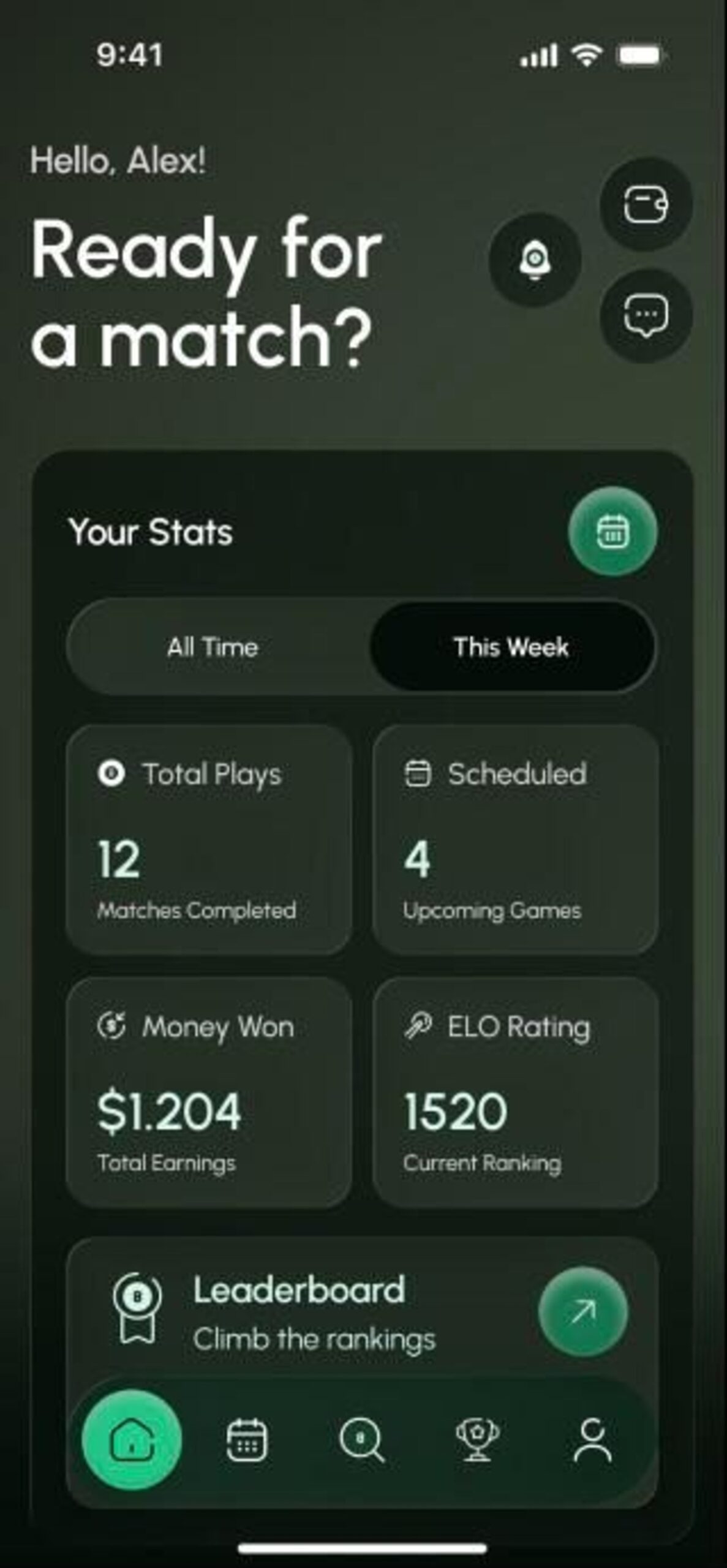 CueContactPro app dashboard showing player stats, match history, and leaderboard